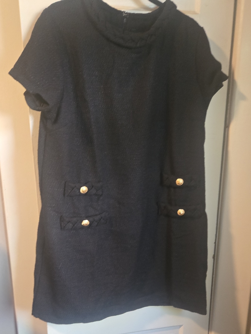 Classic Short-Sleeve Navy Shift Dress with Gold Buttons